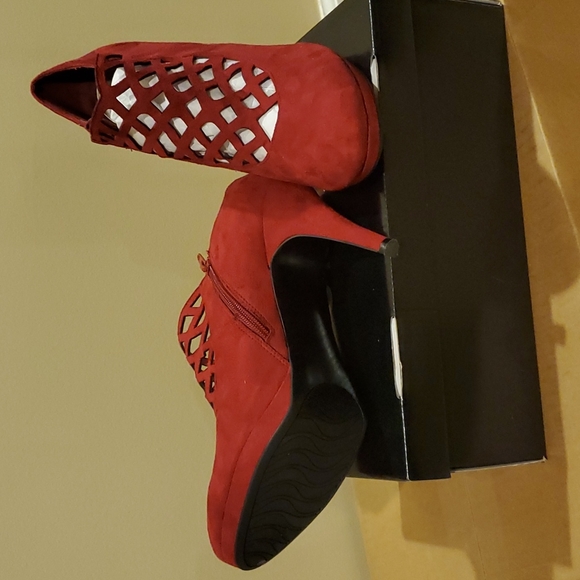 Red Faux Suede Bootie Heel - Picture 2 of 4